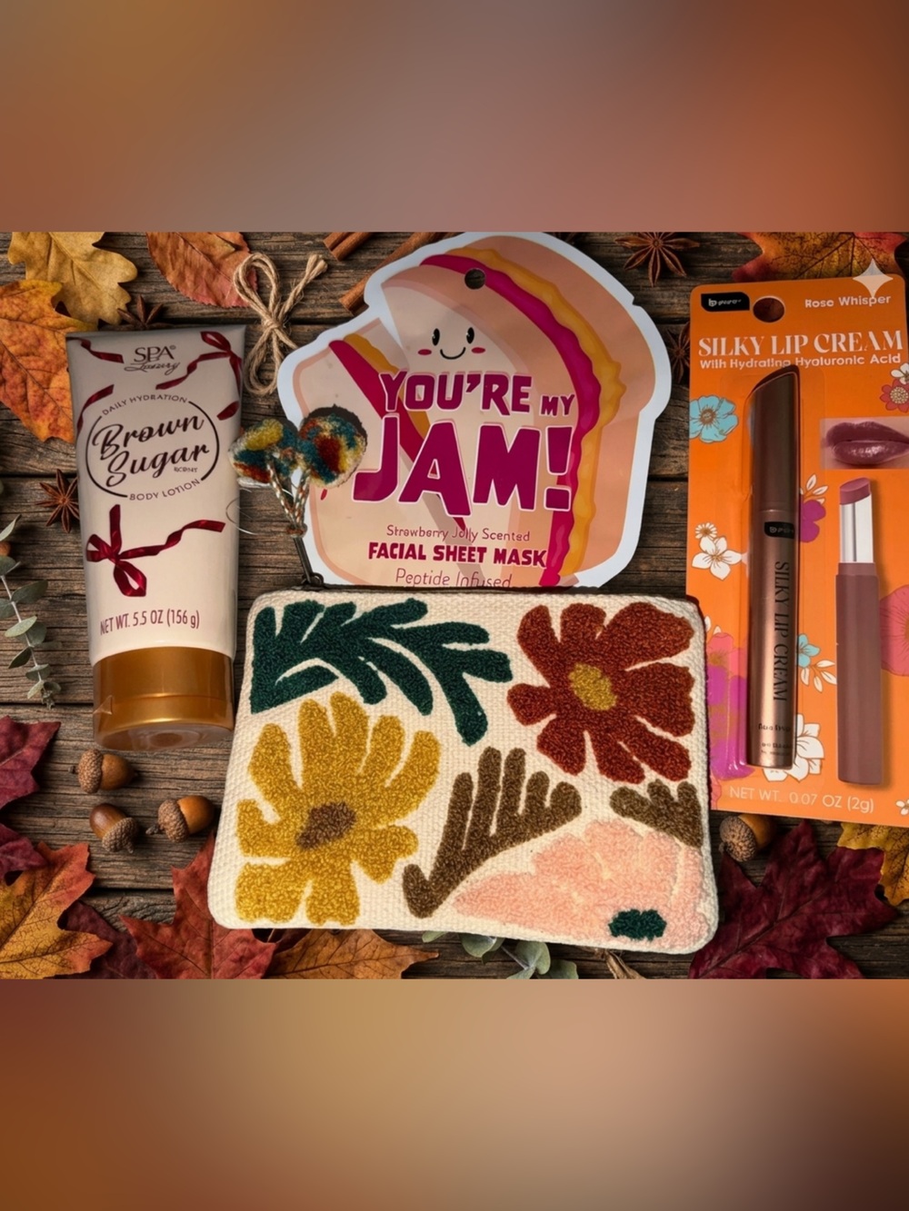 Floral Tufted Accent makeup bag w/ Brown Sugar Lotion,sheet Mask & lip cream
